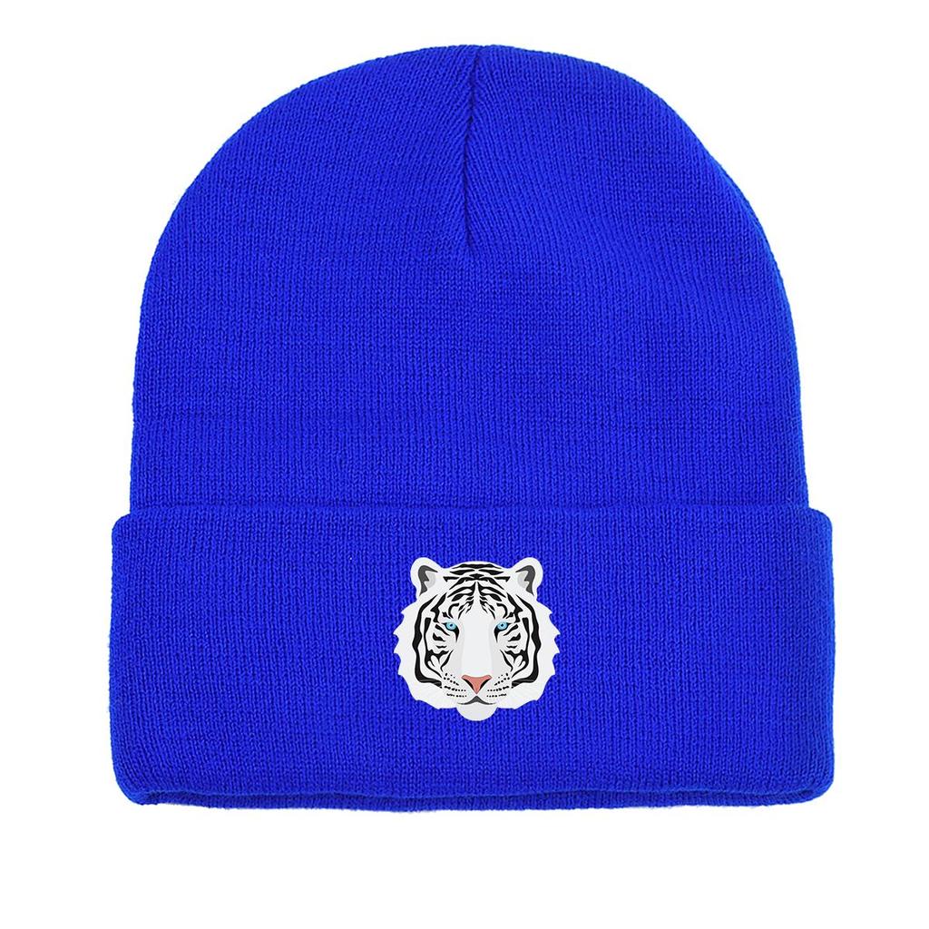 White Tiger Print Knit Hat Beanie, Animal Skull Cap Fit Autumn Simple Pompom Beanies Knitted Cap Beanie