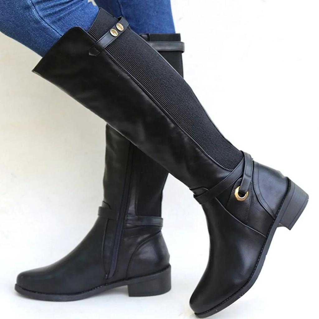 Womens Chunky Heel Leather Boots Long Booties Knee High Boots for Ladies Winter Shoes Slouchy Boots for Women Wide Calf