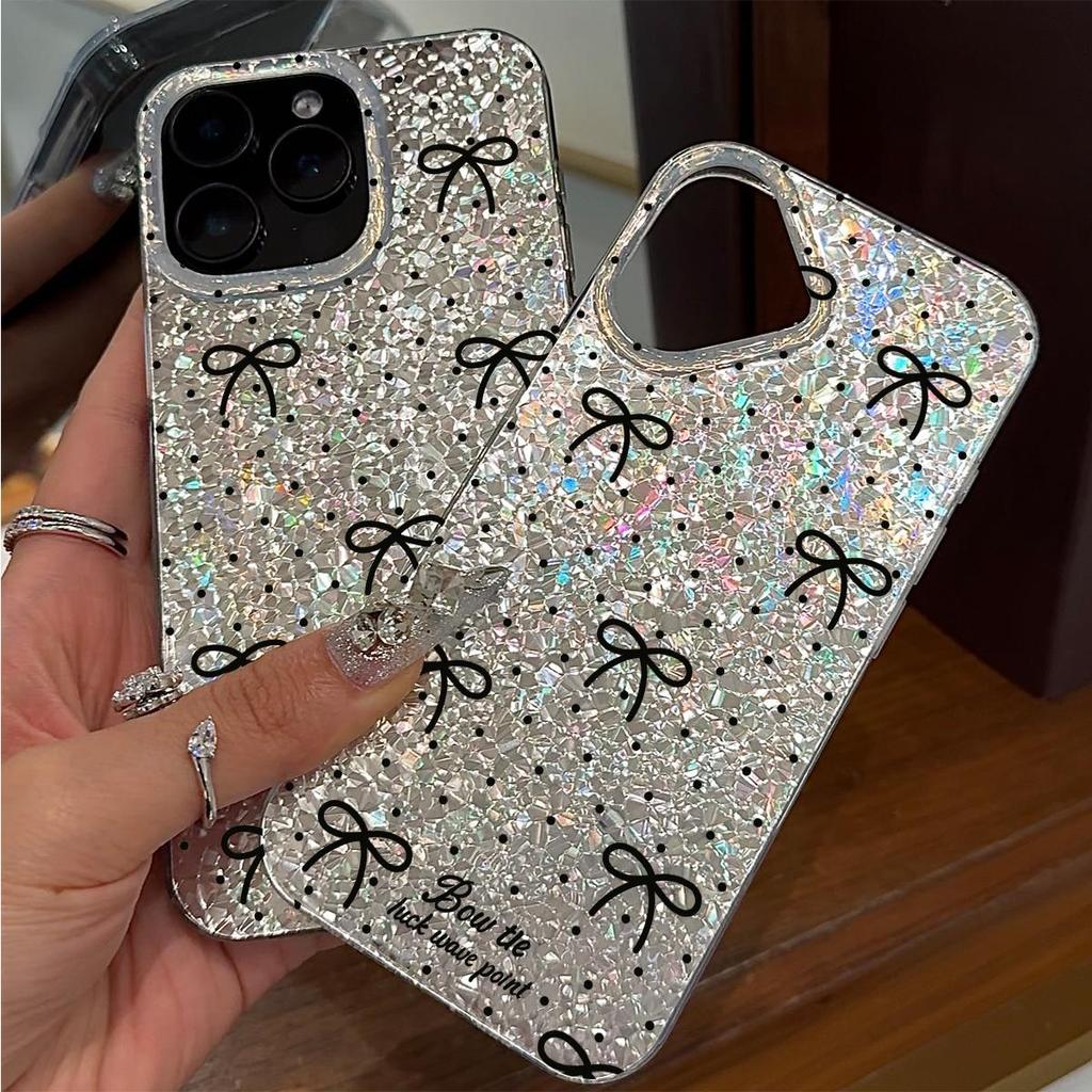 Black - White Dots and Bows Case for iphone 12 18 Pro Max 17 Pro Air 11 15 XR XS Max 16 Plus 14 13 Silver Crushed Foil Cover