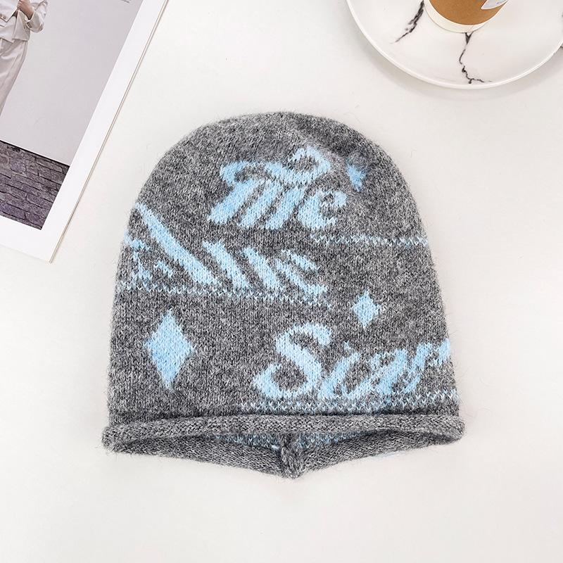 Retro letter jacquard wool knitted hat women's autumn and winter warm ear protection stacked hat big head circumference showing face small cold hat