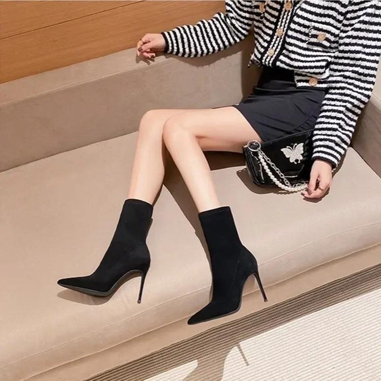 Women's Boots Autumn New Korean Fashion Thin Heel Pointed Short Boots High Heels Solid Color Sleeve Leather Fashion Boots