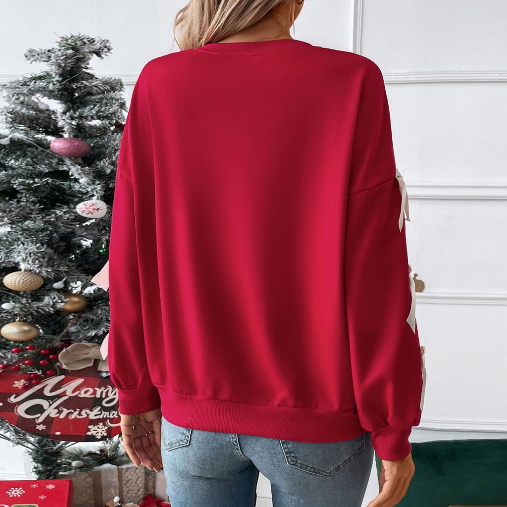 Женский модный повседневный милый стиль свободный пуловер-свитшот красного цвета с круглым вырезом и бантом