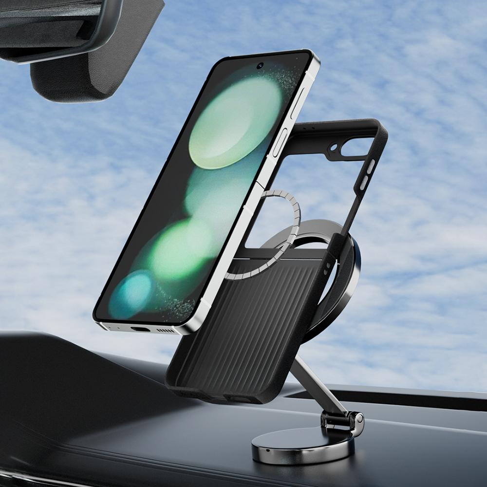 ABEEL For Samsung Galaxy Z Flip6 5G Case Compatible with MagSafe Micro-Embossing PC TPU Aluminum Alloy Leather Phone Cover