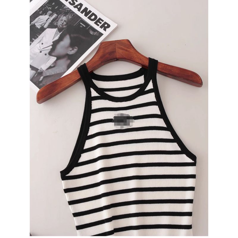 C's Narrow Shoulder Halterneck Stripes Vest Export Accessible Luxury High Elastic Silm Slimming Knitted Sling Tops Women