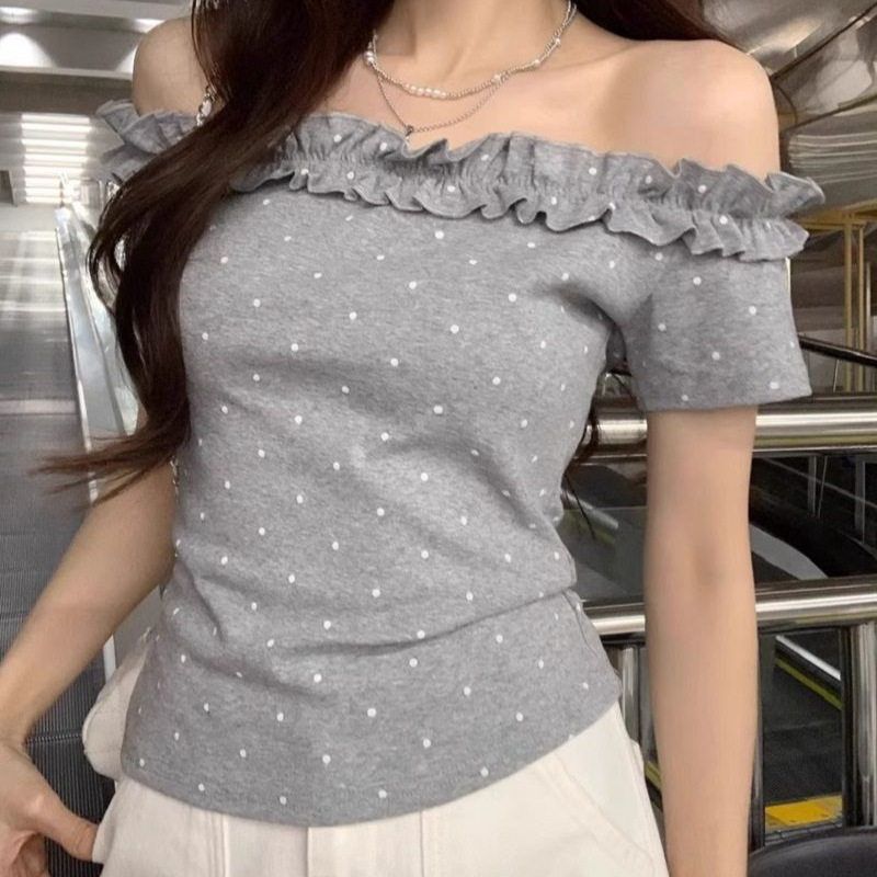 Summer New Style Pure Desire Design Ruffled Polka Dot Short-Sleeve T-Shirt for Women, Off-Shoulder Niche Slim-Fit Flattering Top
