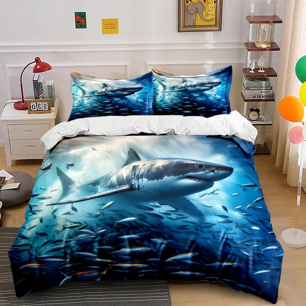 Shark swimming through fish swarm Print Soft Comfortable Duvet Cover Bedding Set Included 1*Duvet Cover 2*Pillowcases