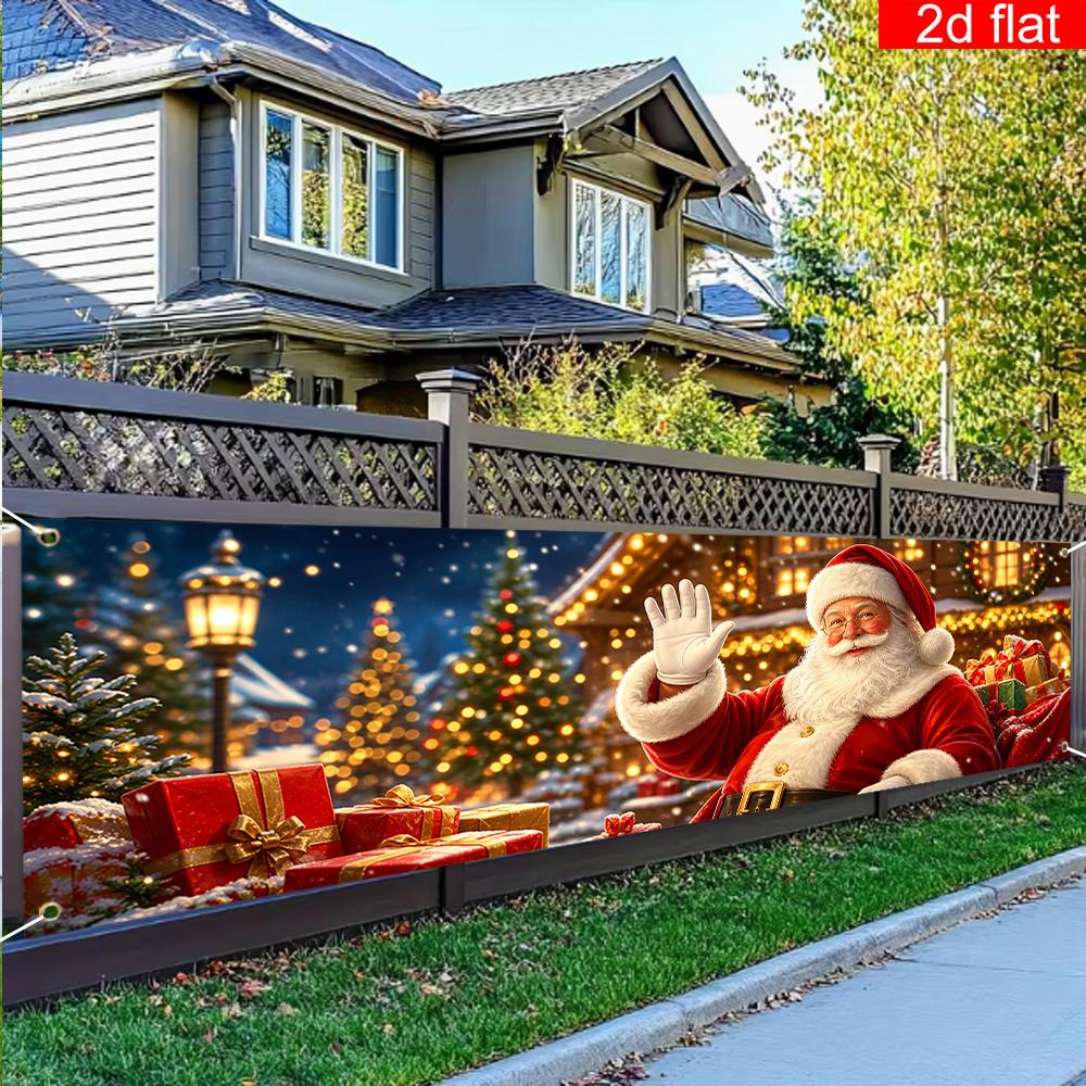 Merry Christmas Yard Sign Party Banner, Waving Santa Claus Gift Box Snowy Cabin Pattern, Polyester Outdoor Garden Fence Decoration