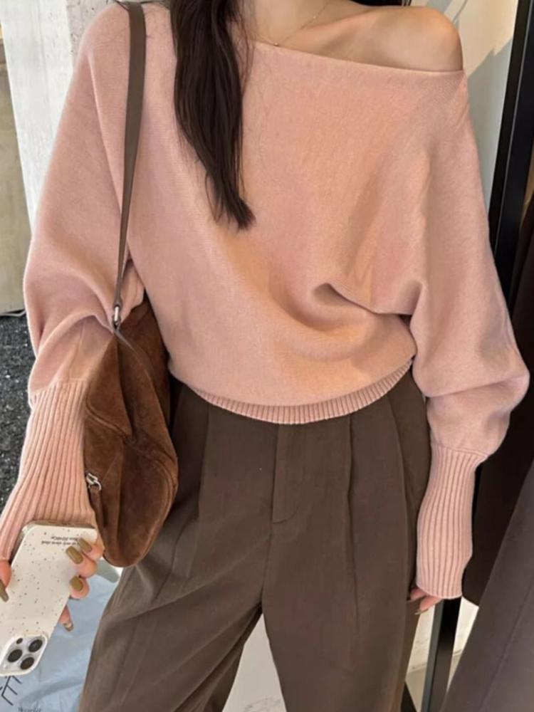 Женский сексуальный мягкий восковой свитер с открытыми плечами, осенний корейский модный новый однотонный повседневный пуловер серо-черного цвета, одежда