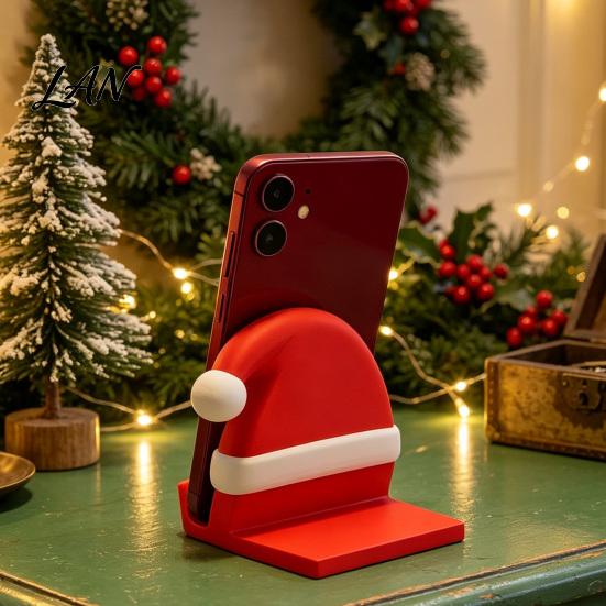 Holiday Theme Office Supplies 3D Printed Santa Hat Phone Stand, Christmas Desk Holder for Unique Phone, Creative Sturdy Cell Dock, Festive Decoration