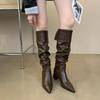 2025 новые осенне-зимние ботфорты, маленькие длинные ботинки с плиссированным толстым каблуком, с длинным голенищем, два варианта носки, рыцарские ботинки