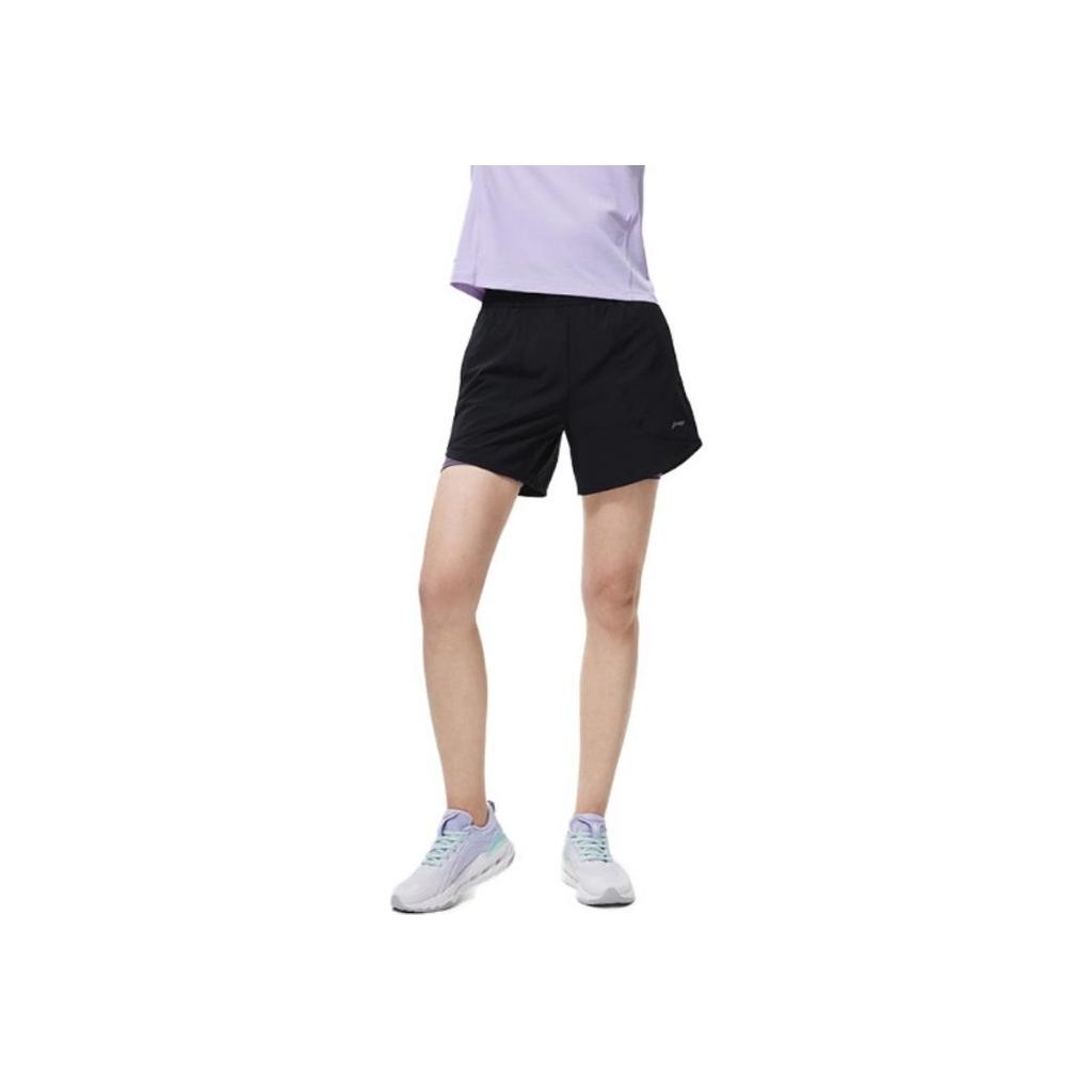 Li Ning Running Series Logo Print Solid Color Elastic Fitness Shorts Women Shorts Black AKST264-4
