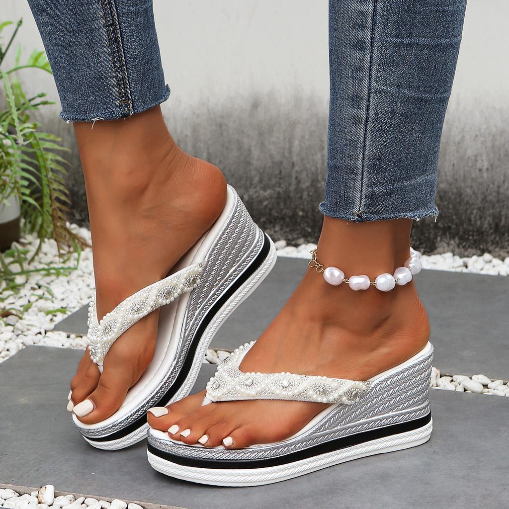 Fashion Pearl Decor Wedge Heel Sandals for Women Fashion Clip Toe Chunky Platform Slippers Woman 2025 Summer Thick Sole Beach Flip Flops