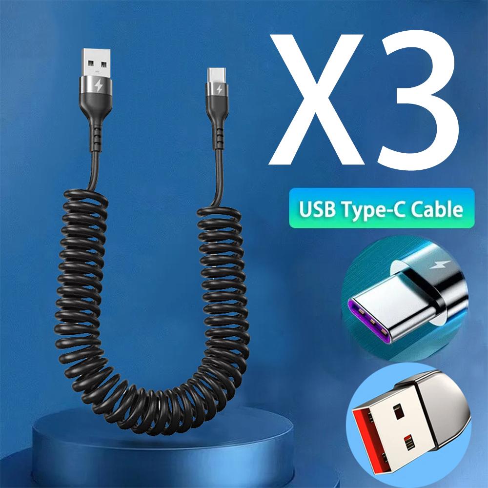 Автомобильный USB Type C/Type C к Type C/USB LIGHTNING Кабель с пружинным телескопическим механизмом для быстрой зарядки для iPhone 16 15 14 Samsung Xiaomi OnePlus