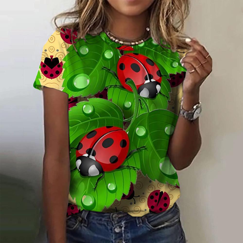Летний топ с круглым вырезом и принтом 3D божьей коровки, модные повседневные женские футболки с короткими рукавами