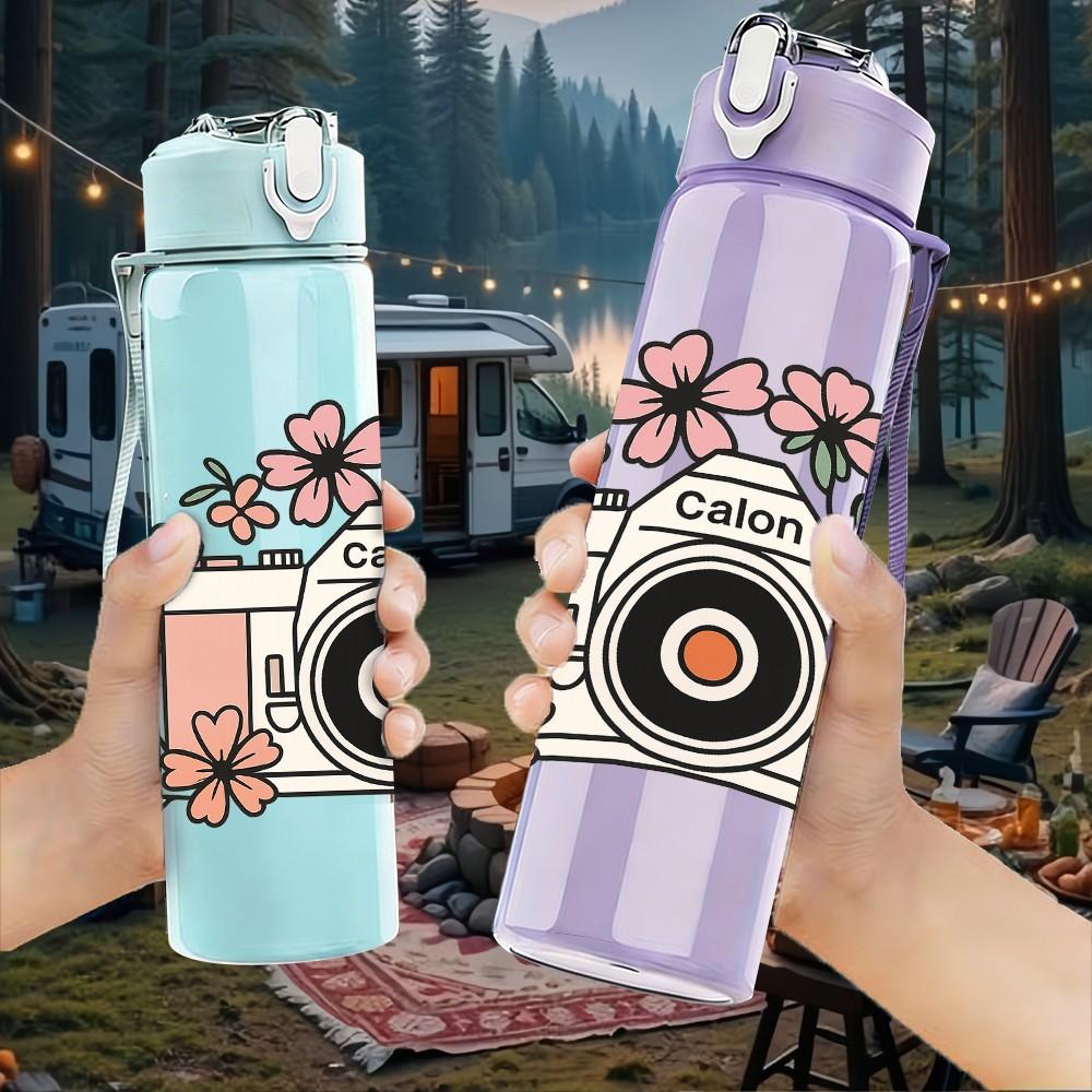 1PC Floral Frame Vintage Camera 750ml Color Plastic Sports Water Bottle Leakproof Flip Straw Lid For Sports Office Home Use