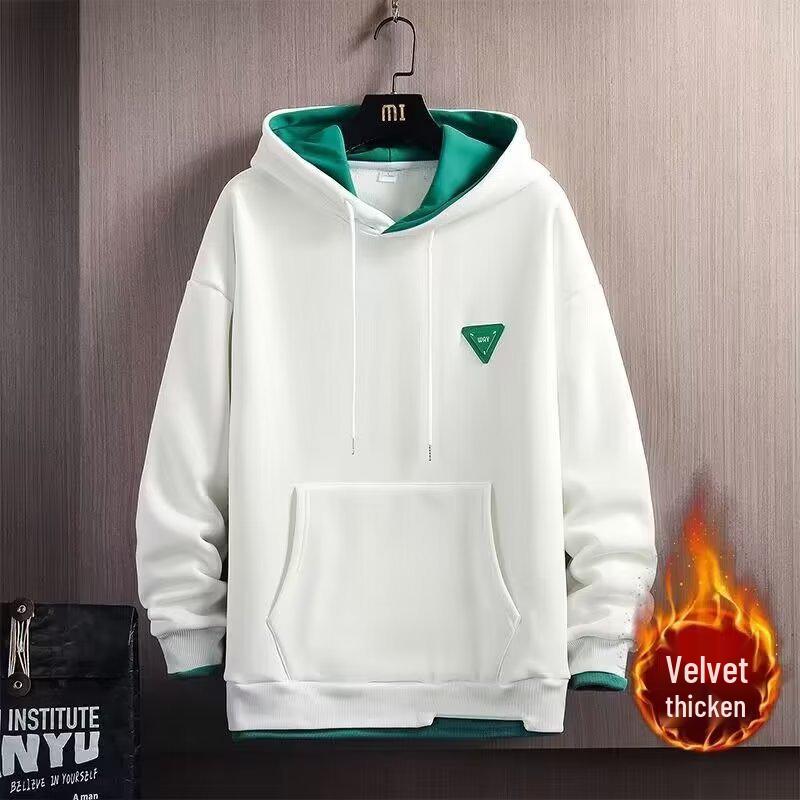 Men's Trendy Two-in-One Velvet Hoodie - Spring/Autumn Long-Sleeve Pullover with Sticker Design