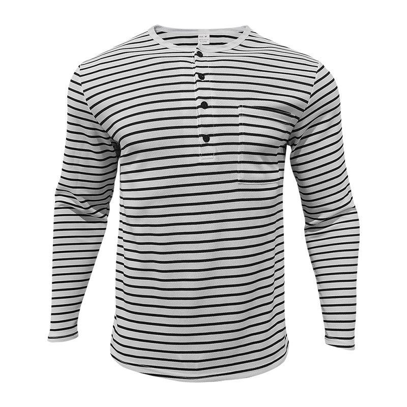 Spring Autumn Fashion Long Sleeve Men's T-shirts Button Henry Collar T Shirt For Men Vintage Striped Tees Tops