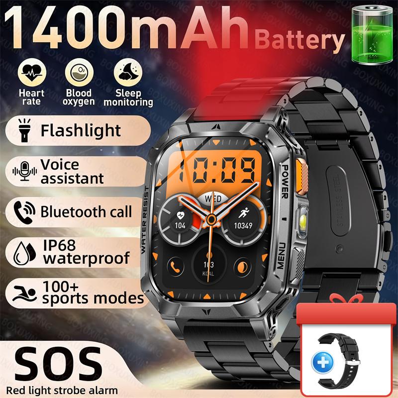 Rugged Outdoor Smart Watch 1400mAh 2.01" HD Screen Bluetooth Call GPS IP68 Waterproof Flashlight SOS Fitness Watch for Men