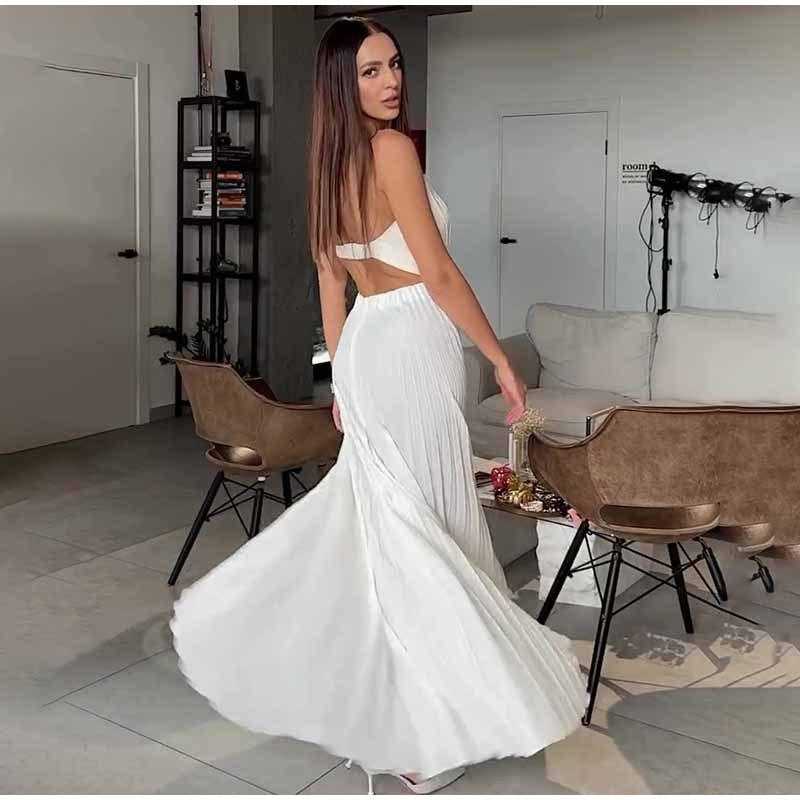 Women's White Strapless Backless Slit Dress with Irregular Pleats and Waist Cinching Design Versatile and Elegant Women's Dress for Daily Wear