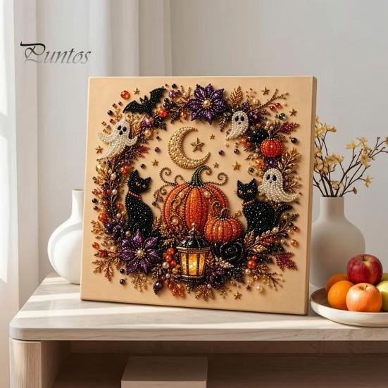 Festive Faux Pearl Art for Home Decor 2Pcs Halloween Art, Ghost Pumpkin Witch Crow Painting DIY Relaxing Arts And Crafts Kit, 3D Skull Craft