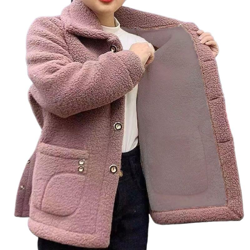 Plus Size Fleece-Lined Lamb Wool Coat - Warm Autumn/Winter Wear for Middle-Aged Women