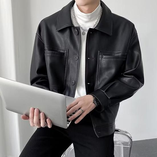 Мужская куртка с лацканами, длинными рукавами, карманами-клапанами, однобортная куртка, пальто, однотонная, свободная, водонепроницаемая, теплая, из искусственной кожи