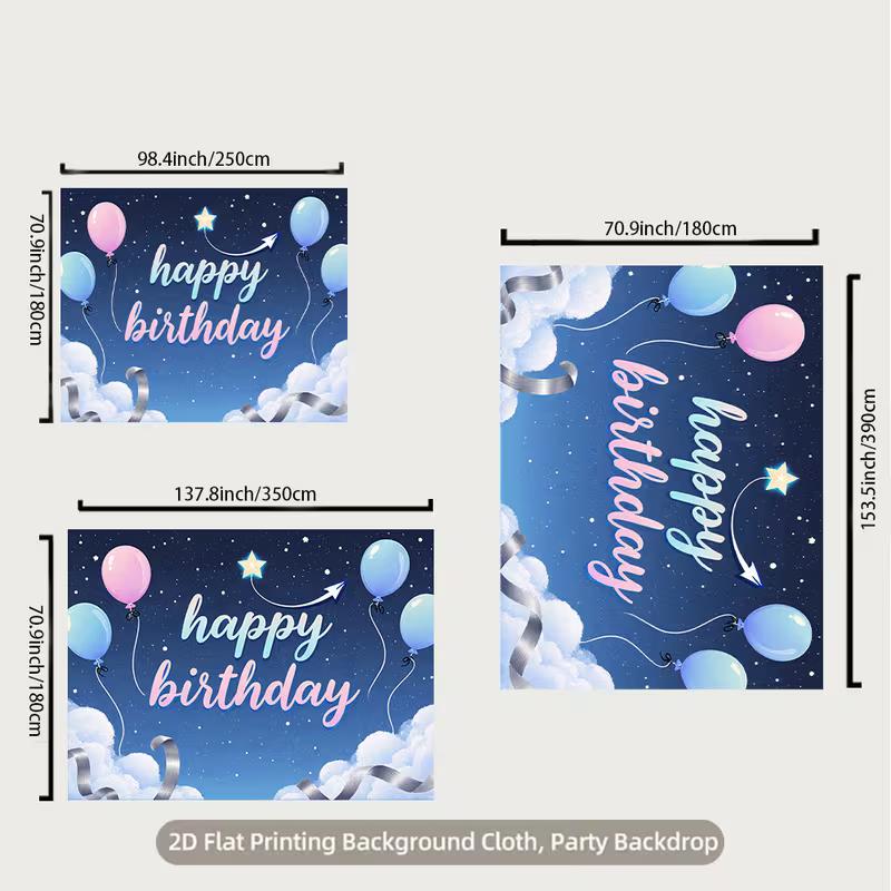 2D Starry Sky Birthday Backdrop Pastel Balloon & Cloud Party Photo Booth Background