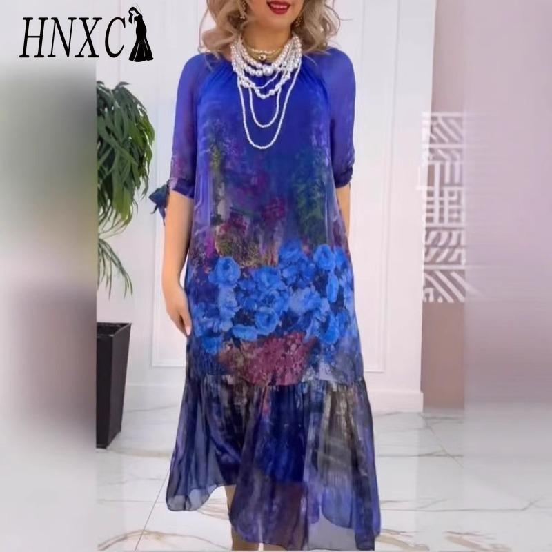 HNXC Женская Модная Летняя Весенняя Повседневная Платье с Рукавами 2/1 и Круглым Вырезом