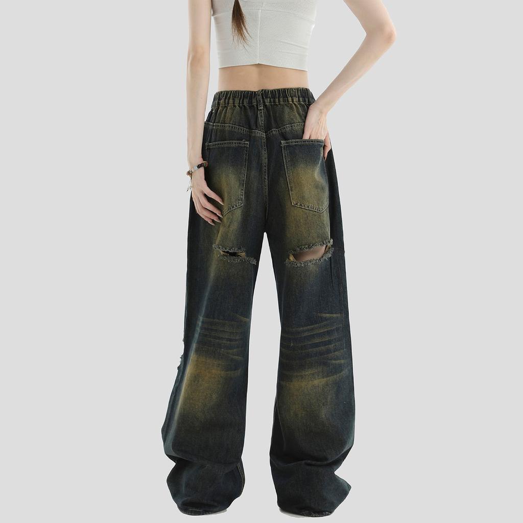 Женская мода ретро личность потертый старый с высокой талией ретро свободные прямые джинсы