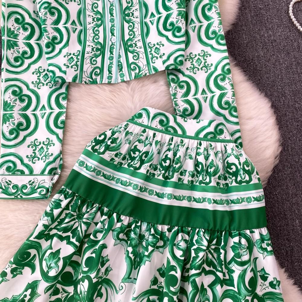 Осенняя мода на подиуме, красный, зеленый, синий и белый фарфоровый цветочный принт, женская рубашка, топ + мини-юбка трапециевидной формы, комплекты из двух предметов