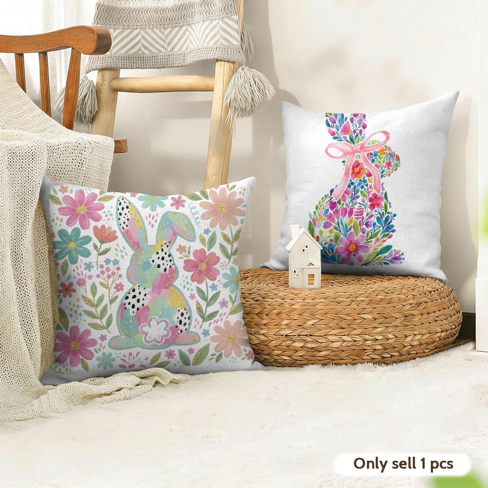 Cute Easter Bunny Cushion Cover Natural Linen Organic Fabric DoubleSided Printing Couch Pillow Covers Home Decor