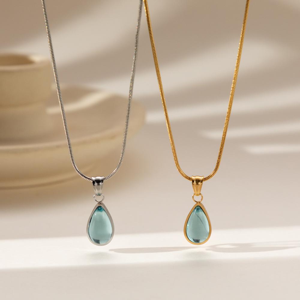 French Light Luxury Clear Green Water Drop Blue Ocean Necklace Vintage Mermaid Tears Collarbone Chain Pendant Necklace Wholesale