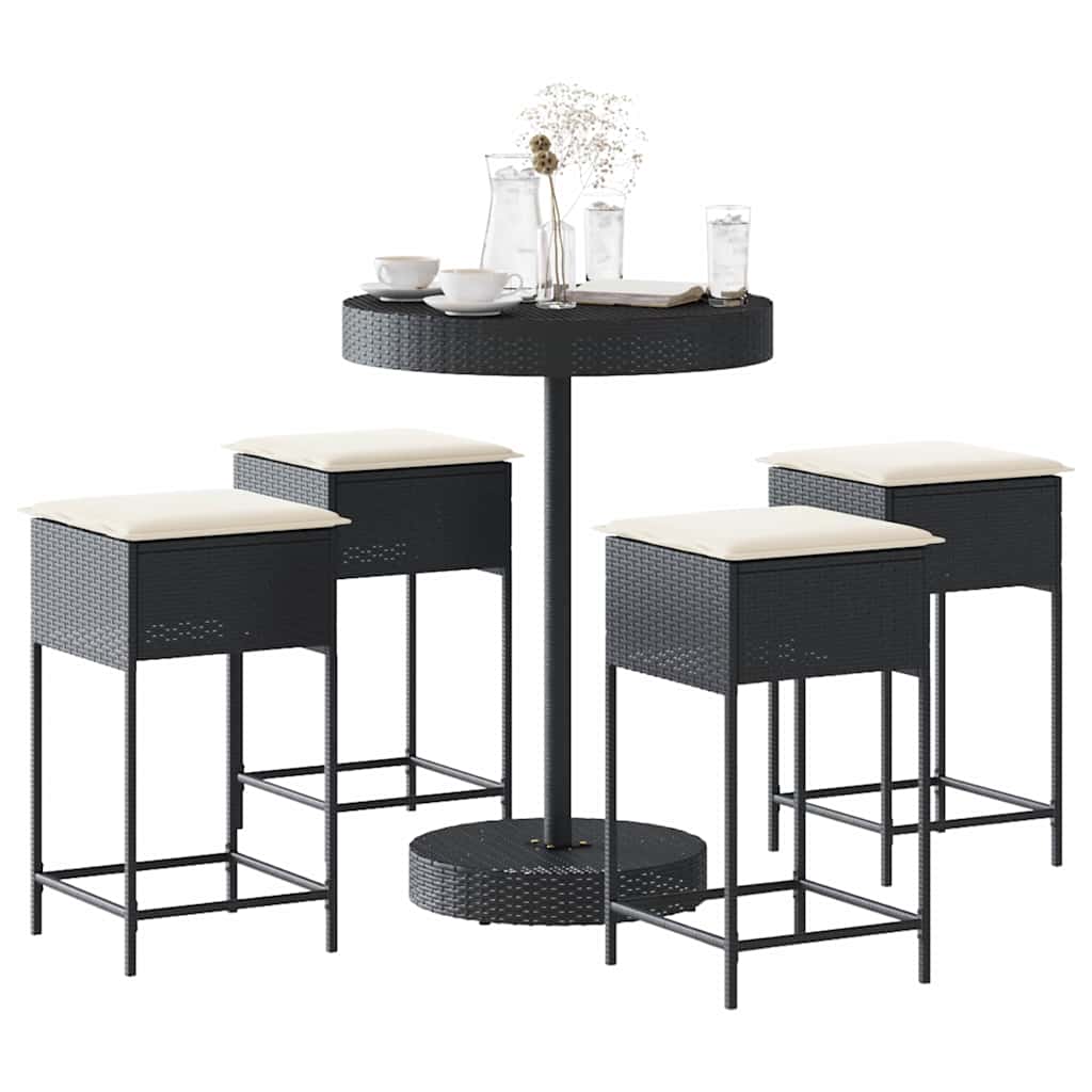 5 Piece Garden Bar Set with Cushions Black Poly Rattan