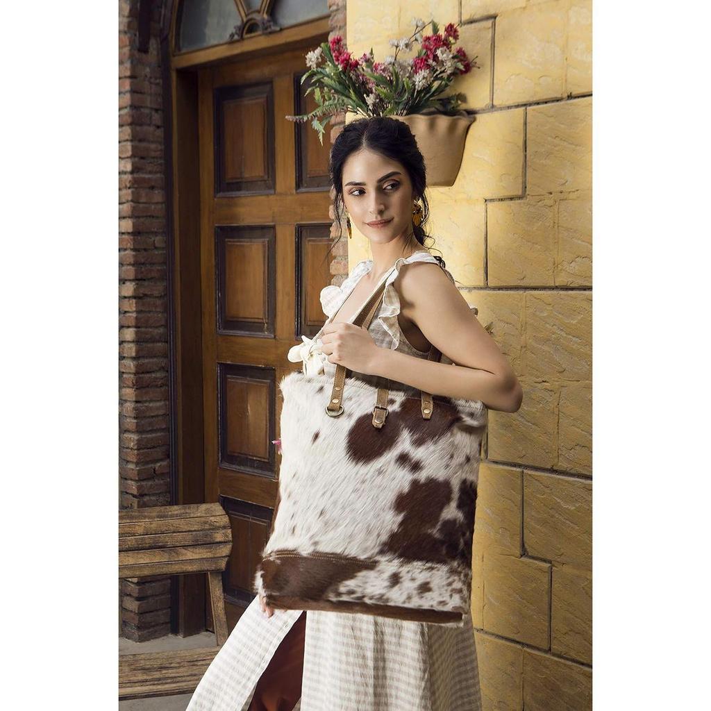 Chestnut Hair On Tote Bag, Brown, Vintage Handmade Leather Hair On Bag.