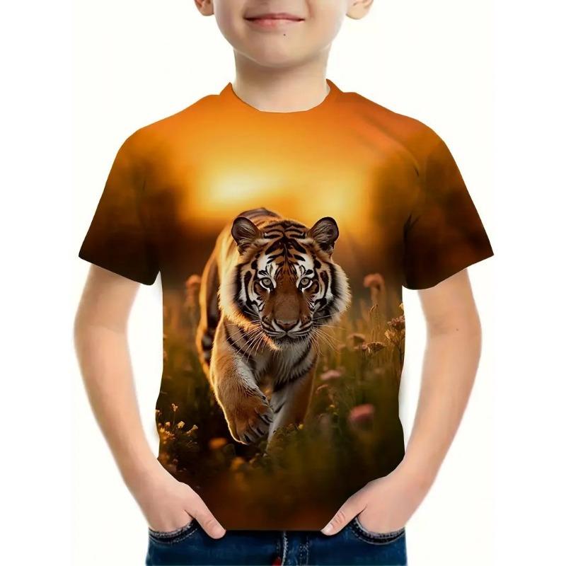 Детская футболка с 3D-принтом Детская одежда для мальчиков Летний отдых Футболка с короткими рукавами с 3D-принтом Животное Тигр Футболка