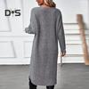 Women Fall Winter Dress Irregular Split Hem Knitted Loose Soft Thick Warm Long Sleeve Solid Color Mid Length Sweater Dress