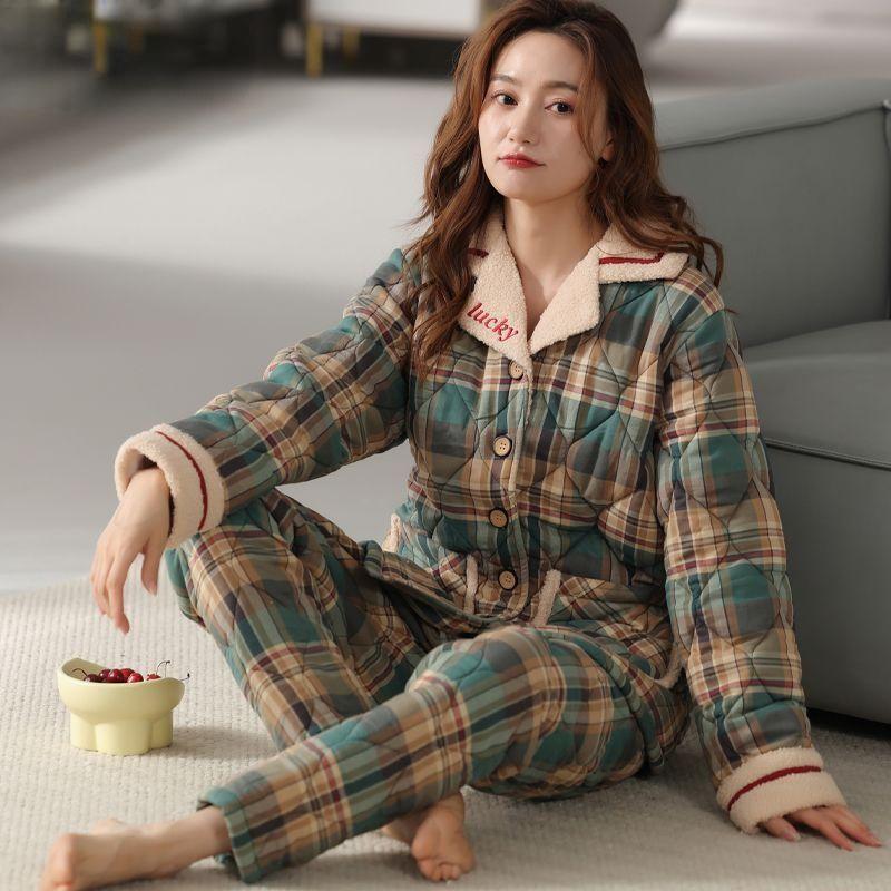 Куртка Пижама Женская Зимняя Трехслойная Теплая Плюшевая Утолщенная Домашняя Одежда Повседневная Для Молодежи Среднего Возраста Комплект Пижамы