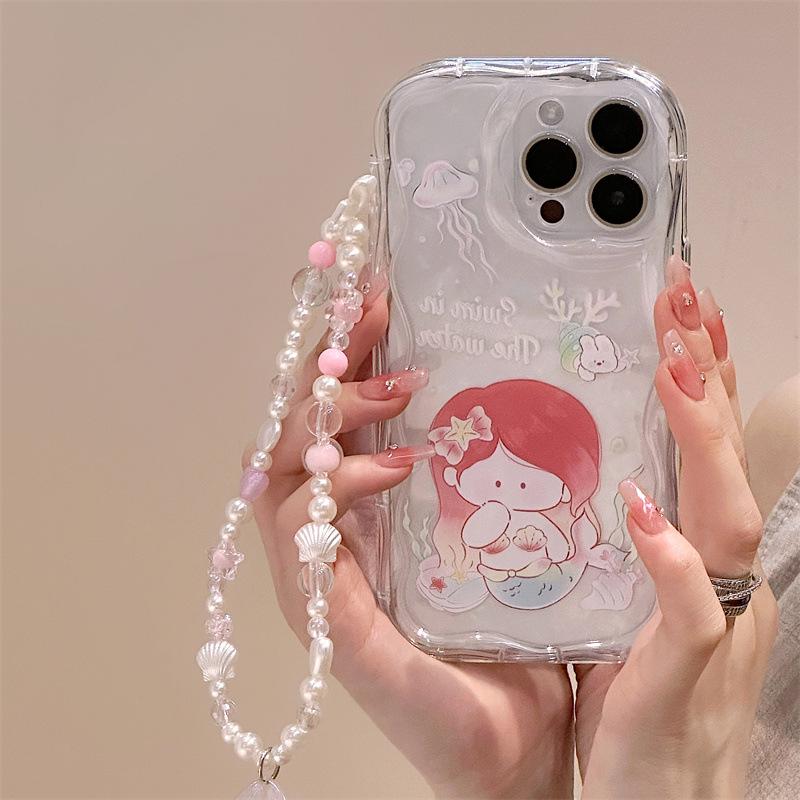 Силиконовый чехол Zhitai Cream Pattern для iPhone 12, 13, 14 и 15 с цепочкой для мобильного телефона