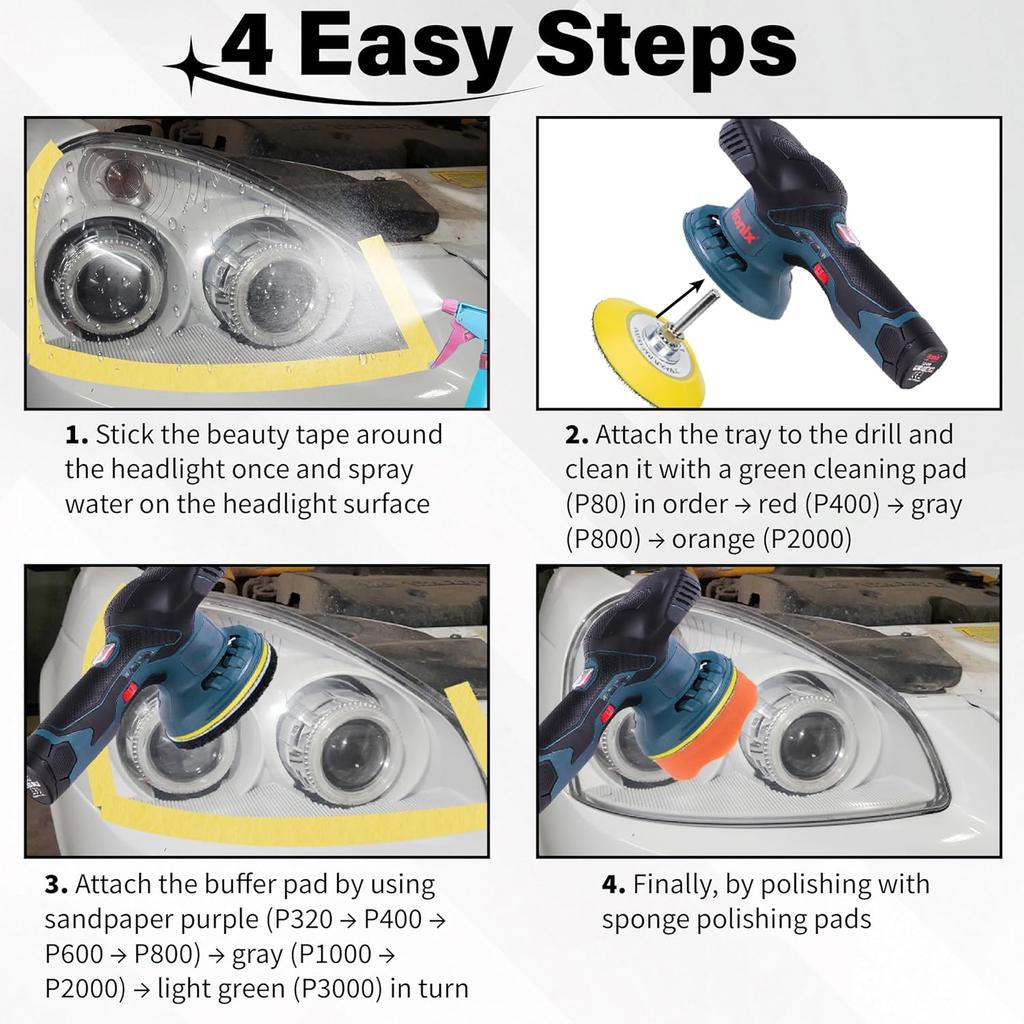 53 PCS Car Headlight Restoration Kit, 3 Inch Drill Sanding Disc With 1/4 Inch Shank Backing, Loop And Hook Sanding Paper, Scouring Pads, Polishing