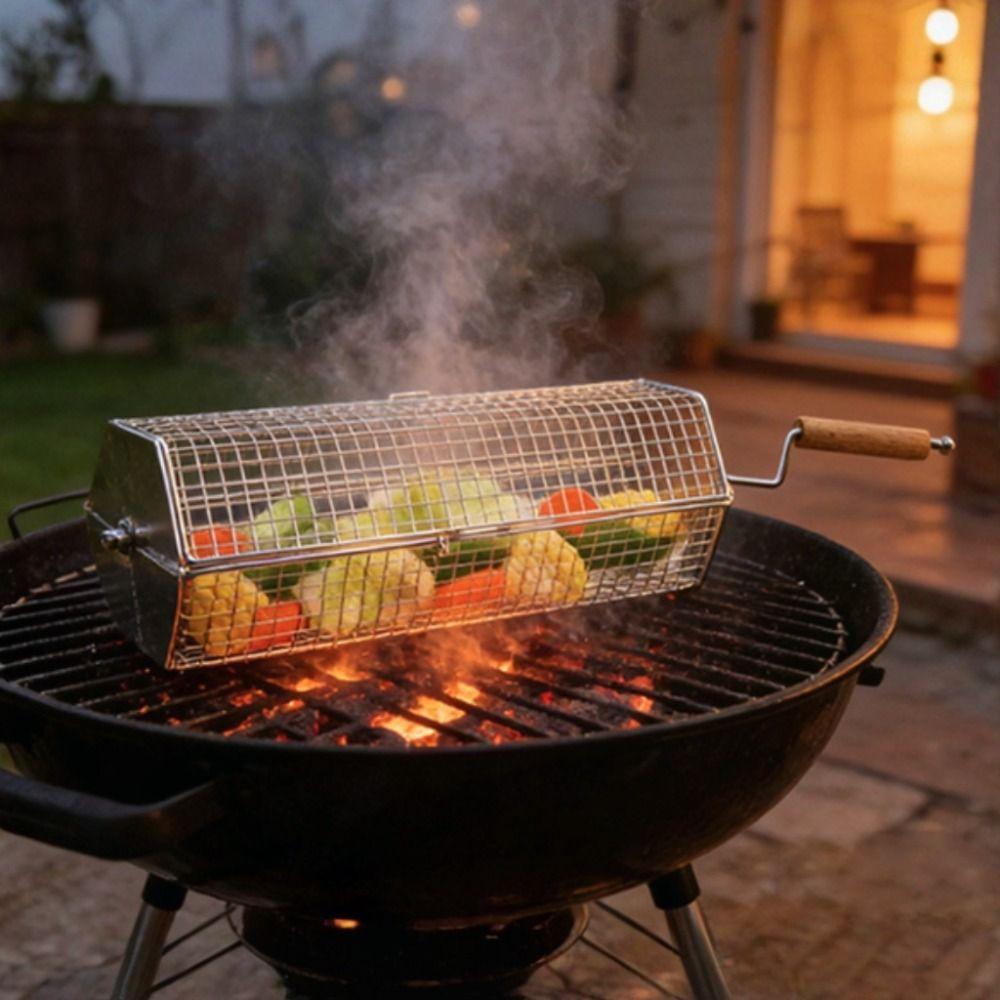 with Wood Handle Rolling BBQ Grill Mesh Basket Stainless Steel Grill Rotisserie Basket  Picnic