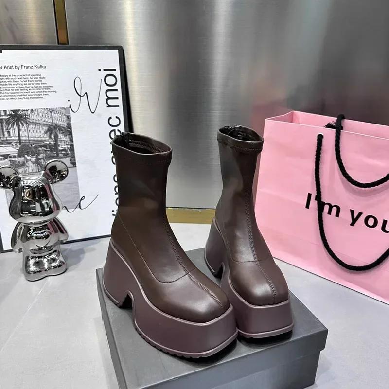 Модные зимние панк-сапоги 2024 года, женская обувь, модные туфли с молнией сзади, на высоком каблуке и толстой подошве, элегантные женские ботильоны, ботинки на платформе