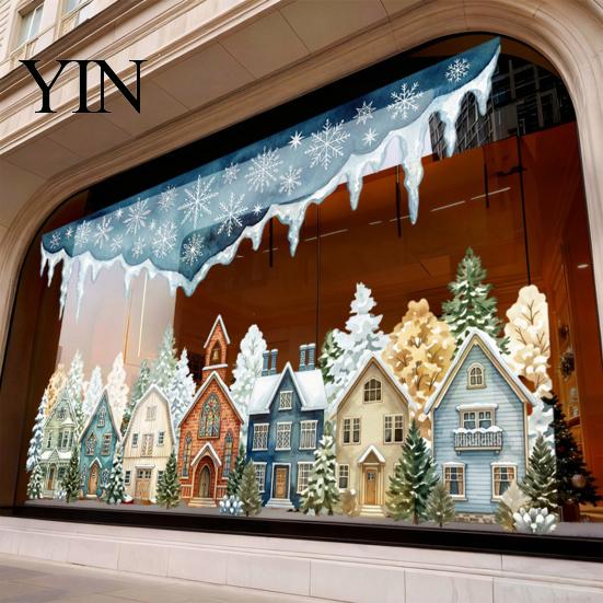 Transparent Decorative Film Christmas Winter Village Static Window Clings, Snowflake Snow House Indoor Festive Atmosphere Decor Stickers, Removable