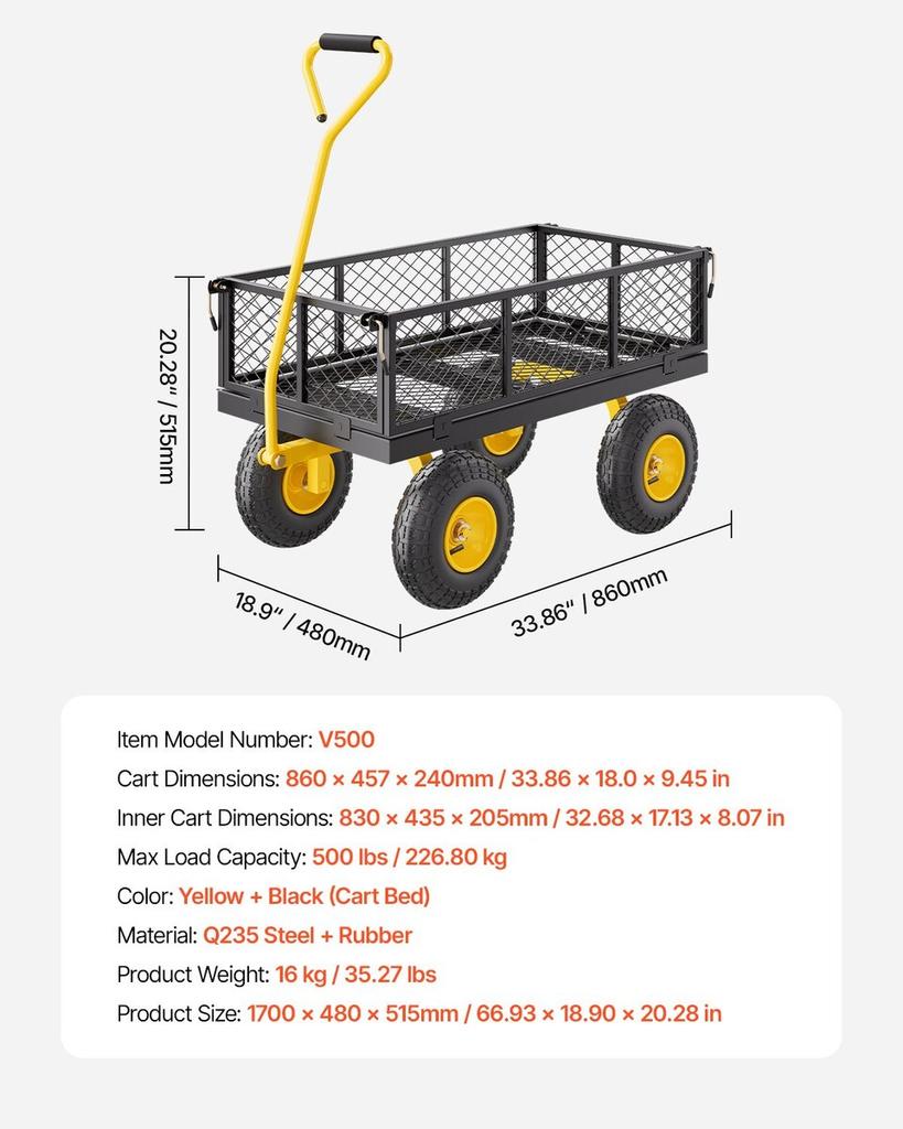 Steel Garden Cart 500lb Capacity Heavy Duty Yard Wagon Cart 10in Tires