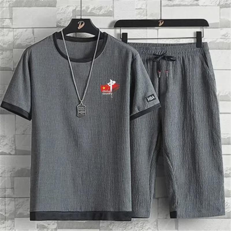 Мужской летний комплект из быстросохнущей футболки и укороченных брюк Ice Silk — дышащий, впитывающий пот, свободный крой, большой размер для отдыха и спорта