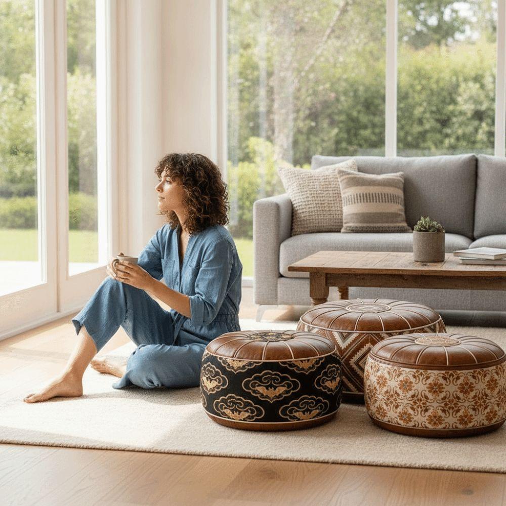 Fillable Design Ottoman Pouf Boho Pattern Round Pouf Cover Portable Footstool Cover Home Use