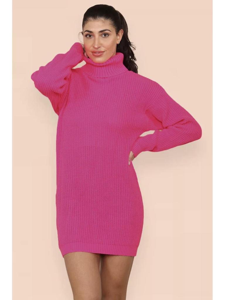 Women's Knitted Turn-Down Collar Sweater Dress - Loose Mid-Length Solid Color Pullover