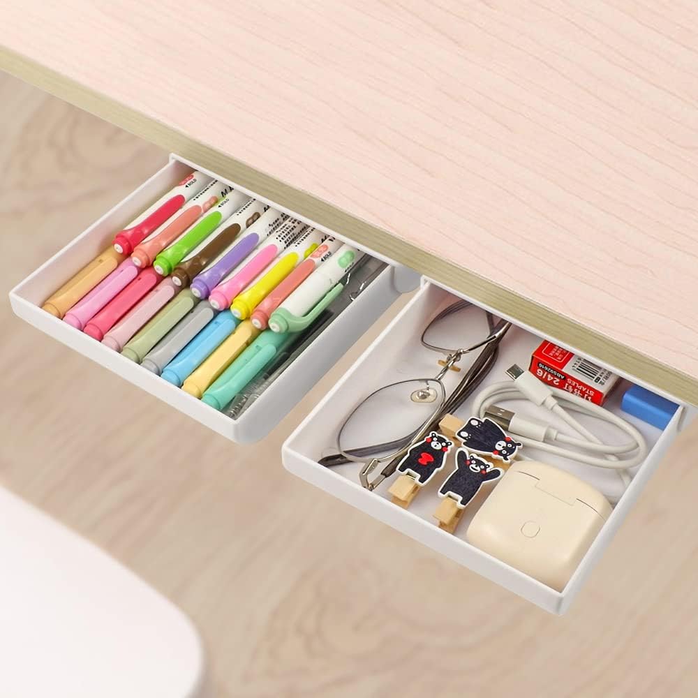 YOOUSOO 2 Pack Under Desk Storage Drawer Organizer, Hidden Slide Out Drawer Attachment, with Self - Adhesive Feature for Desktop and Table
