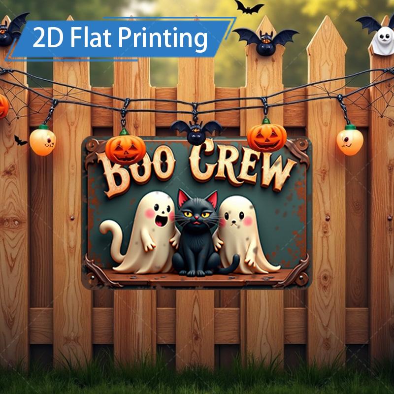 D FLAT pc Metal Sign Halloween Boo Crew Metal Sign with Ghosts and Cat