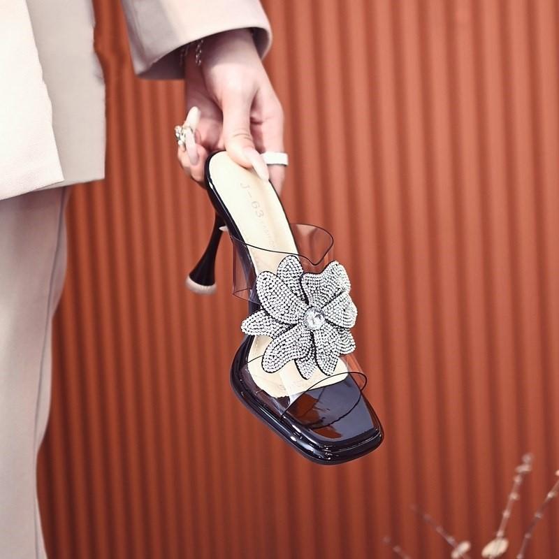 Мода Новый продукт 2024 Лето Квадратный носок Тонкий каблук Высокий каблук Открытый носок Модные сандалии Женские Цветочный~Сказочный стиль Супер красивые