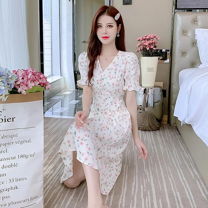 Шифоновое платье с короткими рукавами и цветочным принтом для женщин, летнее платье трапециевидной формы с v-образным вырезом и v-образным вырезом в женском стиле